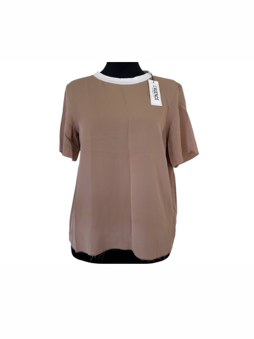 L'AGENCE Taupe Short Sleeve Silk Top with White Crewneck